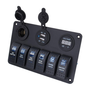 Panel przełączników LED 6x + USB + woltomierz 12V/24V | Niebieski/Czerwony