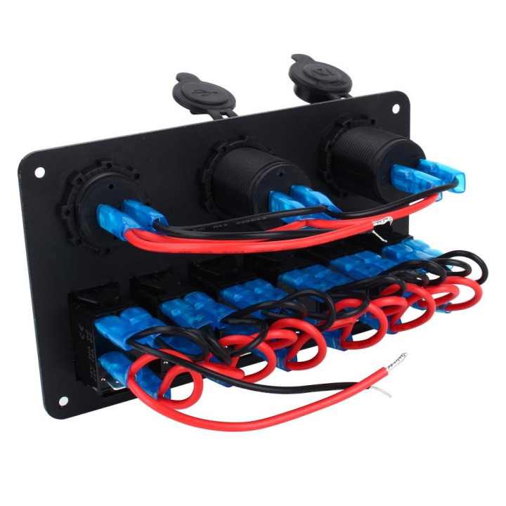 Panel przełączników jachtowych 6x LED + USB + woltomierz | 12V/24V | Niebieskie/Czerwone podświetlenie