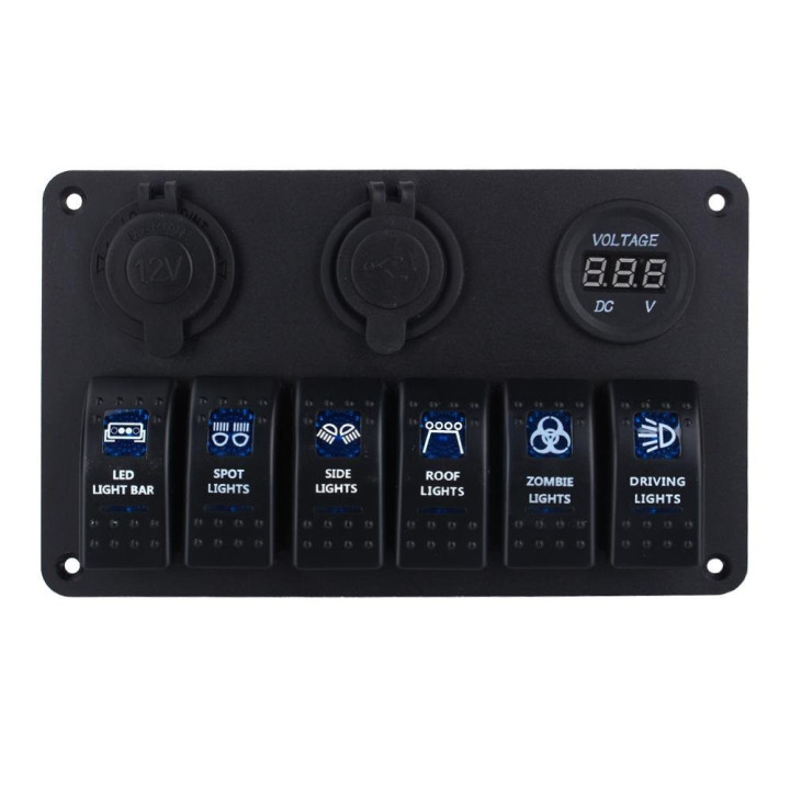 Panel przełączników jachtowych 6x LED + USB + woltomierz | 12V/24V | Niebieskie/Czerwone podświetlenie
