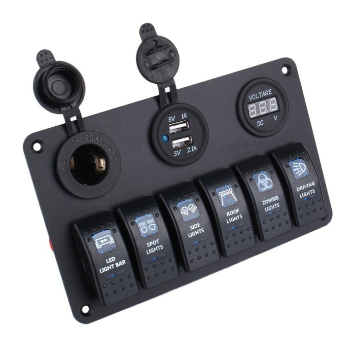 Panel przełączników jachtowych 6x LED + USB + woltomierz | 12V/24V | Niebieskie/Czerwone podświetlenie