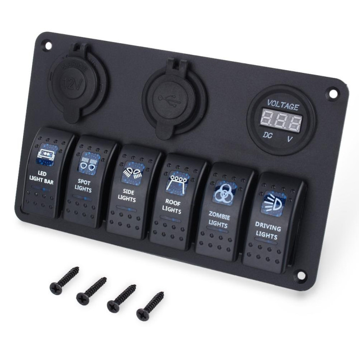 Panel przełączników jachtowych 6x LED + USB + woltomierz | 12V/24V | Niebieskie/Czerwone podświetlenie