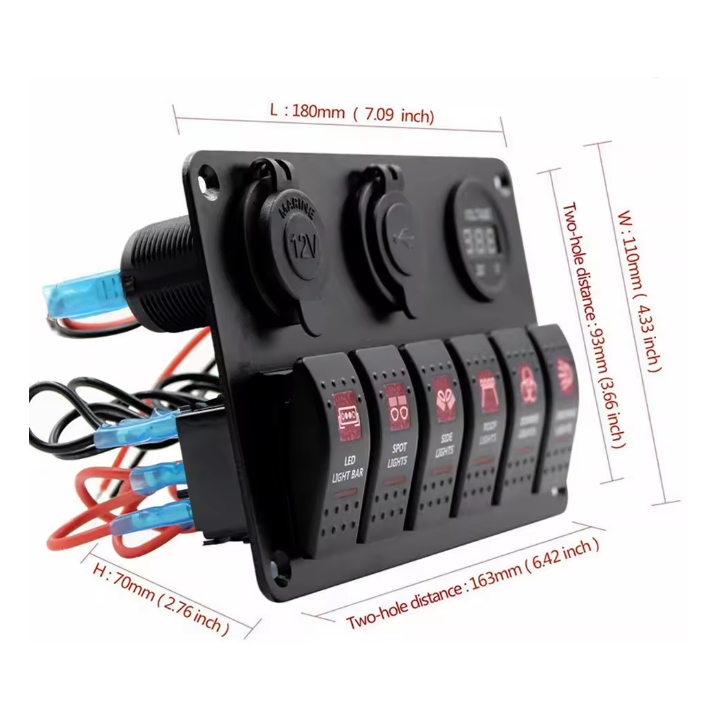 Panel przełączników LED 6x + USB + woltomierz 12V/24V | Niebieski/Czerwony