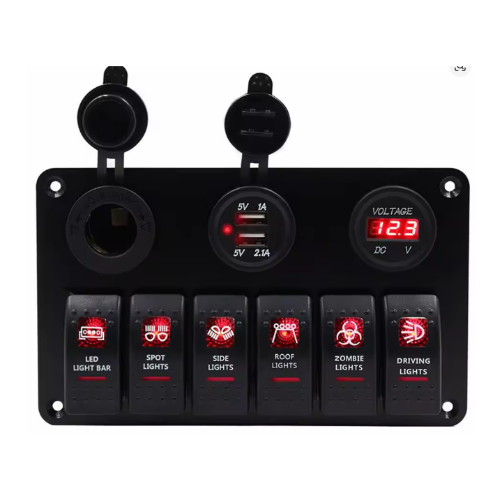 Panel przełączników LED 6x + USB + woltomierz 12V/24V | Niebieski/Czerwony
