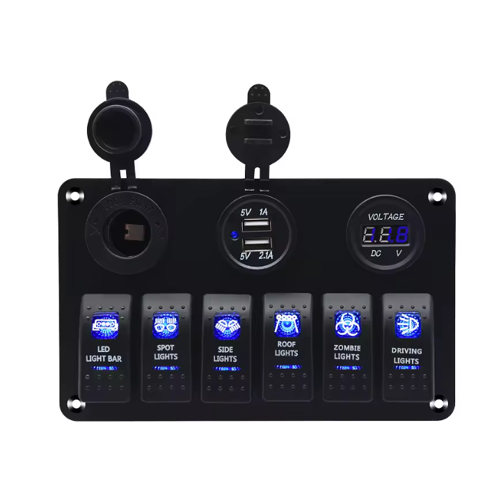 Panel przełączników jachtowych 6x LED + USB + woltomierz | 12V/24V | Niebieskie/Czerwone podświetlenie